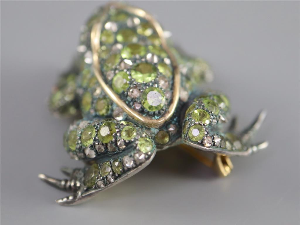 A Victorian gold and silver, peridot, diamond and moonstone encrusted brooch, modelled as a frog,